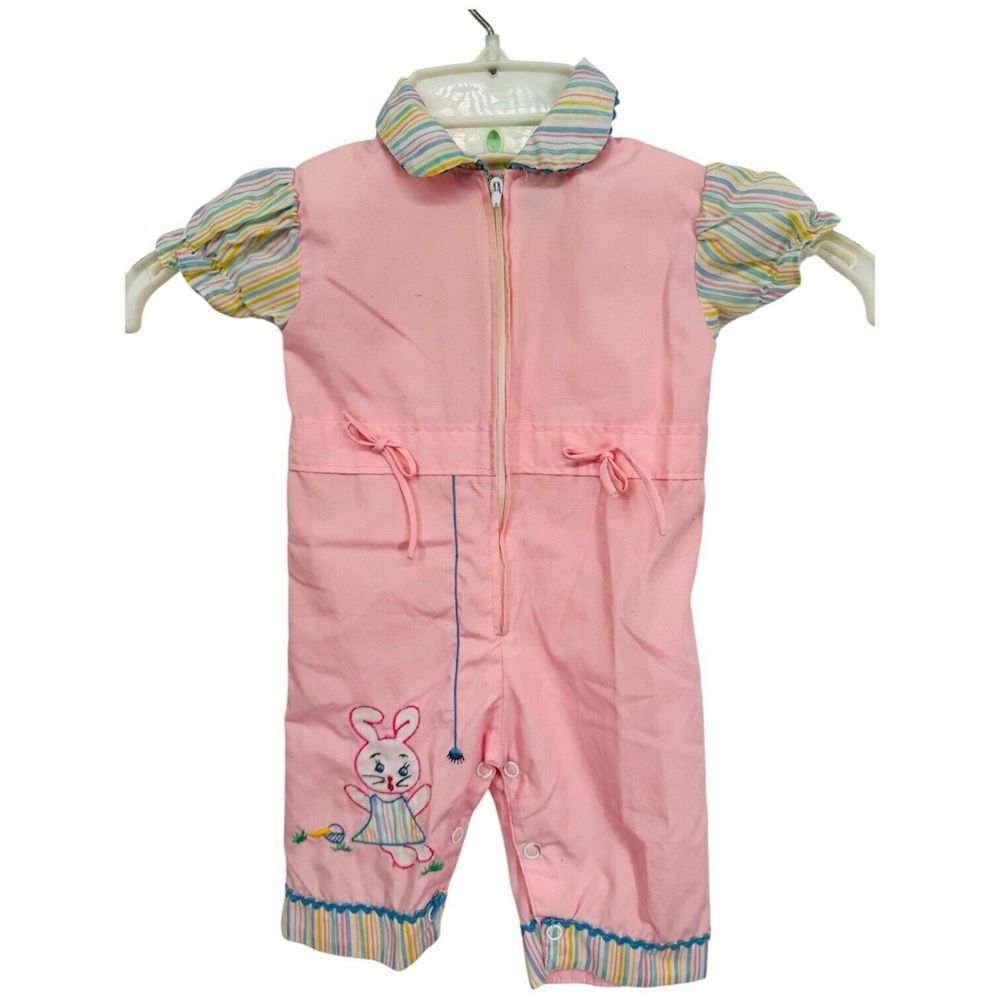 Vintage Baby Soft Pink Pastel Bunny Easter Embroidered Buttoned Suit Jumpsuit